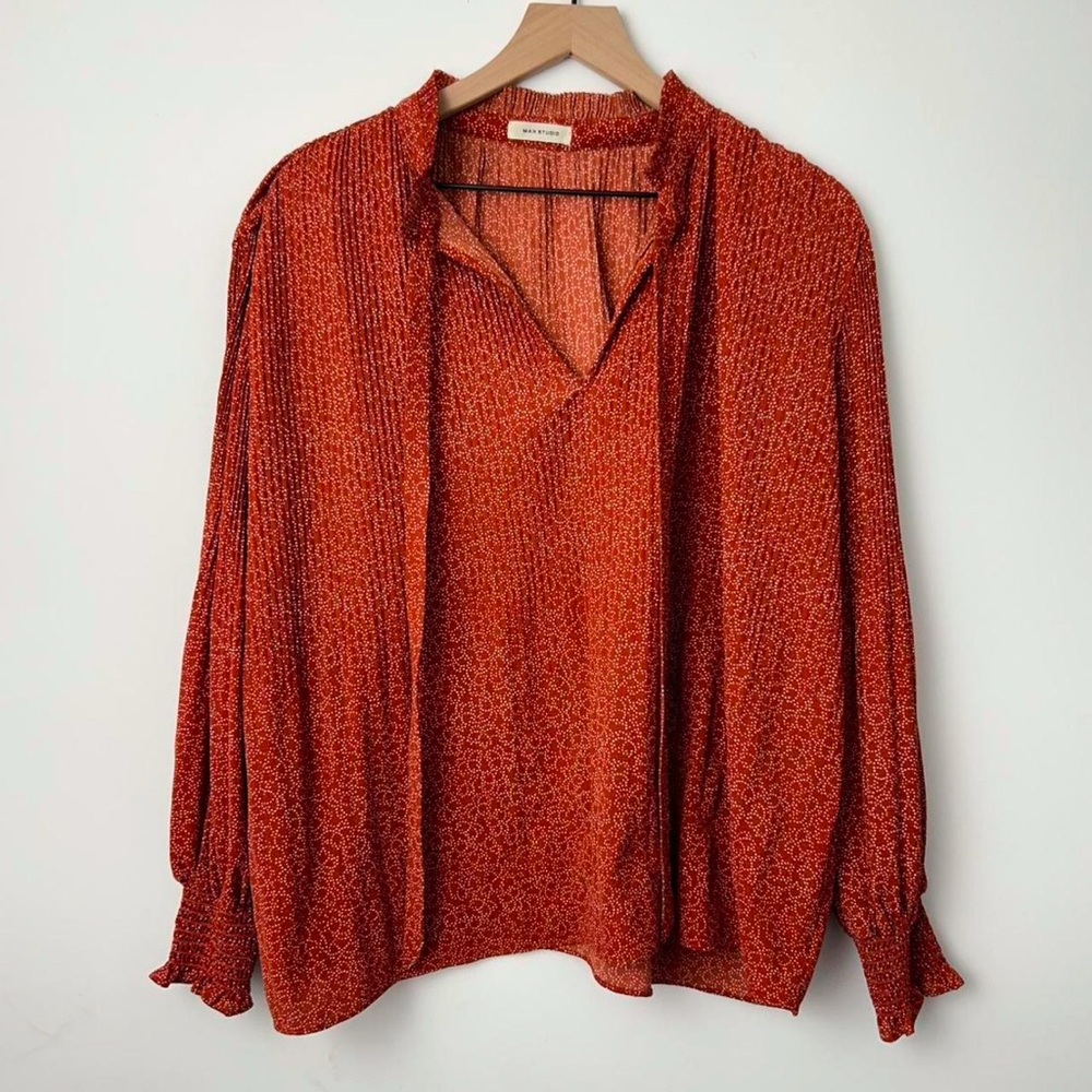 Max Studio Maroon, Red Textured Pleated Long Sleeve Blouse Size XL